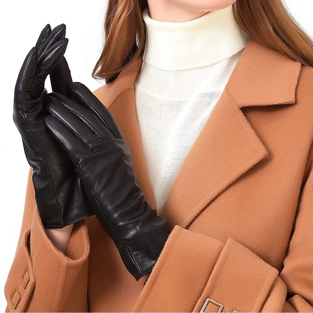 ZLUXURQ Women's Black Luxury Italian Soft Leather Gloves Genuine SMALL-6.5